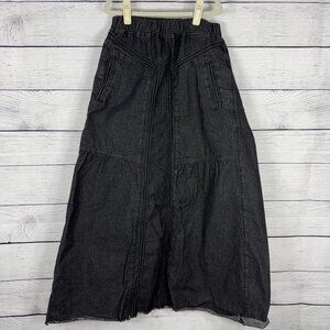 Ebossy Black Denim Skirt Elastic Waist Frayed Hem Hippie Maxi A-Line Size M